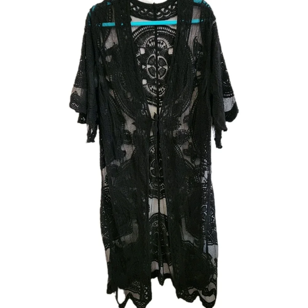 Black Lace Cardigan Mesh Open Front Witchy Whimsigoth Dark Fairy Beach Coverup M - Picture 1 of 7